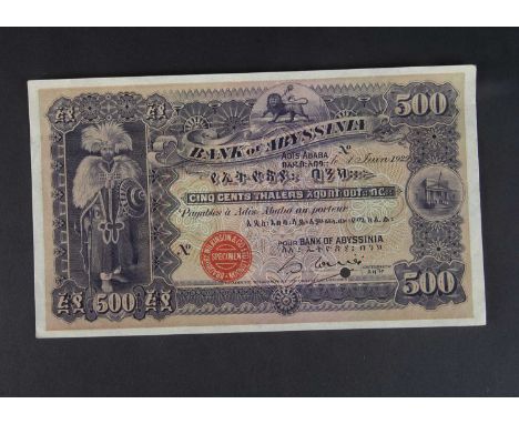 Specimen Bank Note:  Abyssinia specimen 500 Thalers,  dated 1929, one signature, no serial numbers, red Bradbury Wilkinson SP