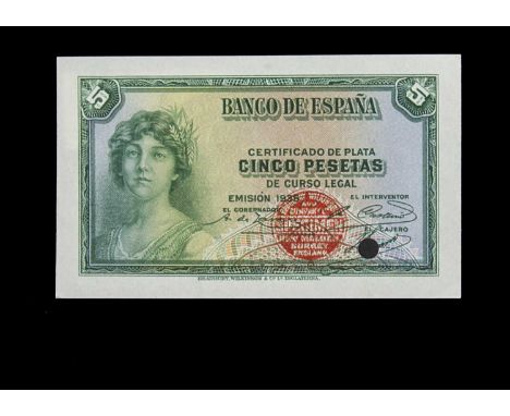 Specimen Bank Note:  Spain specimen 5 Pesetas, dated 1935, issued by El Banco De Espana, three signatures, no serial number, 