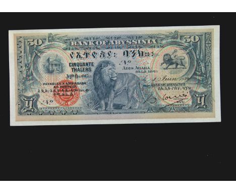 Specimen Bank Note:  Abyssinia specimen 50 Thalers,  dated 1929, one signature, no serial numbers, red Bradbury Wilkinson SPE
