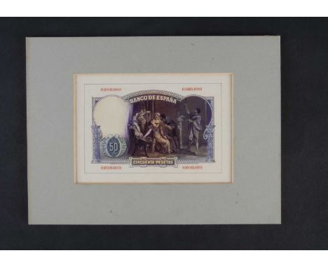 Bank of Spain, an important, stunning and original hand drawn design essay for the reverse of the 50 Pesetas circulation note