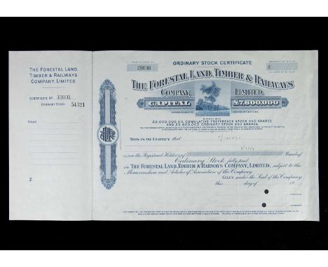 The Forestal Land Timber & Railways Co Ltd Specimen stocks and shares certificate, produced by Bradbury Wilkinson & Co, in bl