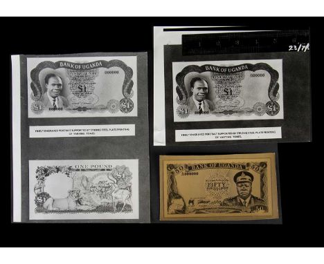 Uganda, a collection of face and reverse photographs showing Bradbury Wilkinson designs for various banknotes, including a Ba