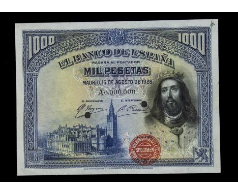 Specimen Bank Note: Spain specimen 1000 Pesetas, dated 1928, issued by El Banco De Espana, two signatures, serial number A0,0