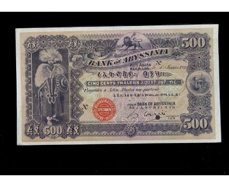 Specimen Bank Note:  Abyssinia specimen 500 Thalers,  dated 1929, one signature, no serial numbers, red Bradbury Wilkinson SP