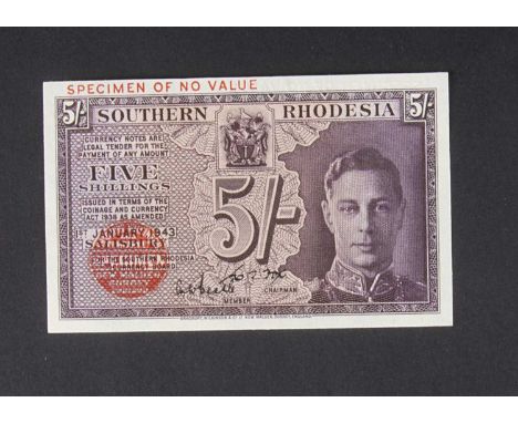 Specimen Bank Note:  Southern Rhodesia specimen 5 Shillings, dated 1943, two signatures, no serial number, red BRADBURY WILKI