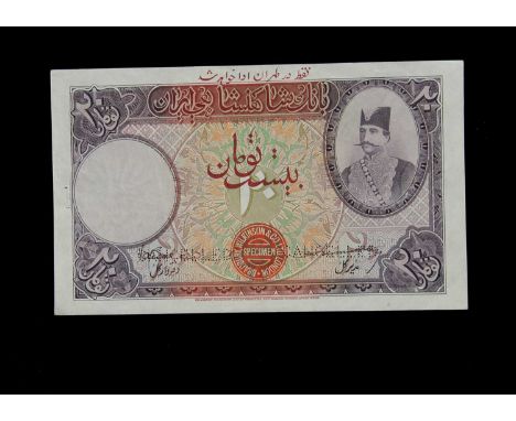 Specimen Bank Note:  The Imperial Bank of Persia specimen 20 Tomans, circa 1930, no serial number,  red BRADBURY WILKINSON SP