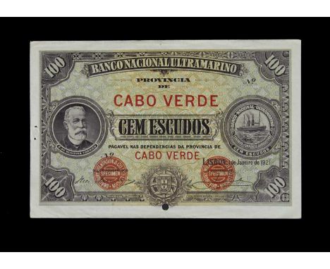Specimen Bank Note:  National Bank Ultramarino specimen 100 Escudos, dated 1921, issued by Banco Nacional Ultramarino, two si
