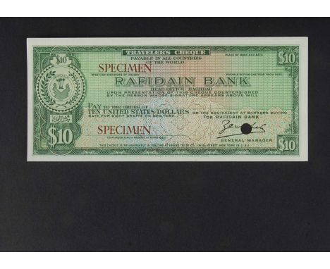 Specimen Bank Note:  Iraq Rafidain Bank specimen 10 dollars travellers cheque, circa 1950's, single sided with two red SPECIM