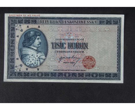 Specimen Bank Note:  Czechoslovak Republic specimen 1000 Korun, circa 1945, one signature, no serial number , red Bradbury Wi