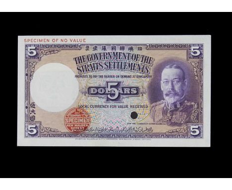 Specimen Bank Note:  The Government of the Straits Settlements specimen 5 Dollars, circa 1932, no signatures, no serial numbe