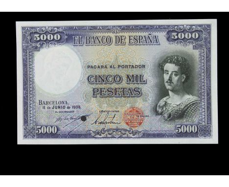 Specimen Bank Note: Spain specimen 5000 Pesetas, dated 1938, issued by El Banco De Espana, two signatures, no serial number, 