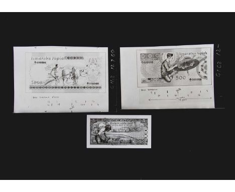 Indonesia, face and reverse photographs showing  Bradbury Wilkinson designs for a 500 Rupiah note, roughly trimmed from a lar