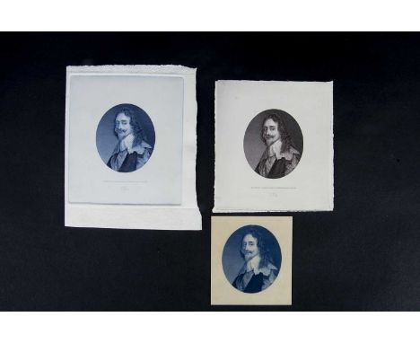 Three Bradbury Wilkinson & Co Ltd die proofs, Charles I portrait 6.1cms x 5.2cms, die number '112A' and 'BRADBURY, WILKINSON 
