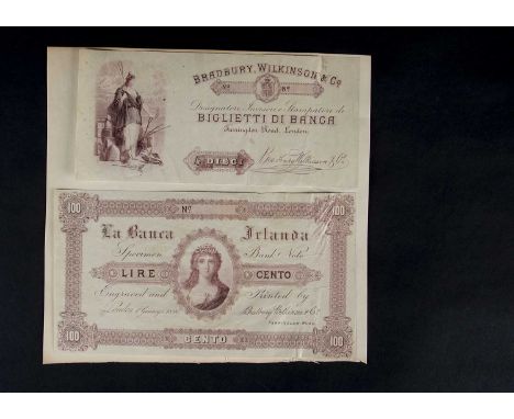 A pair of  Bradbury Wilkinson & Co Ltd advertising banknotes, including a 100 Lire/Cento La Banca Irlanda note (11.7cms x 21.