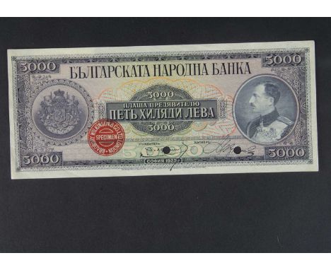 Specimen Bank Note:  Bulgaria specimen 5000 Levs, dated 1925, two signatures, no serial numbers, red Bradbury Wilkinson SPECI