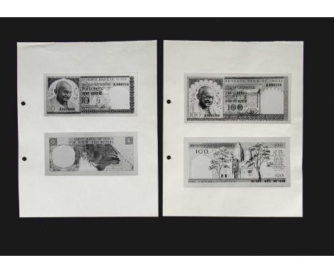 India, face and reverse photographs showing  Bradbury Wilkinson designs for a 10 Rupees note, mounted to a paper backing shee