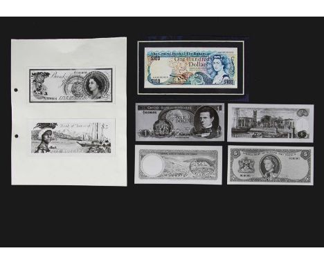 Jamaica, face and reverse photographs showing  Bradbury Wilkinson designs for a 5 Dollars note, mounted to a paper backing sh