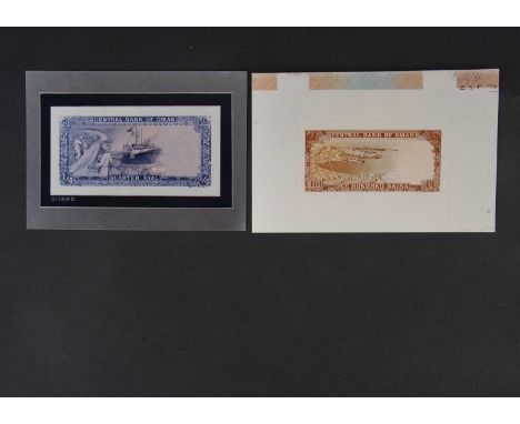 Oman, two colour photographs showing  Bradbury Wilkinson designs for the reverse of  a 1/4 Rial and a 100 Baisa note, both ph