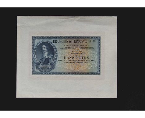 A Bradbury Wilkinson & Co Ltd advertising banknote, double sided and untrimmed, the note has a portrait of Charles I to the f