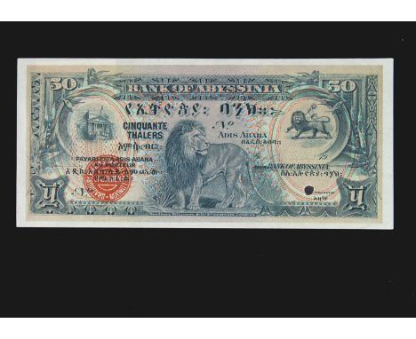 Specimen Bank Note:  Abyssinia specimen 50 Thalers,  circa 1929, no signature, no serial numbers, red Bradbury Wilkinson SPEC