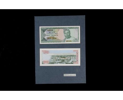 Mali, a pair of stunning hand drawn design essays for the face and reverse of a 1000 Francs note, dated 1967, measuring 16.5c