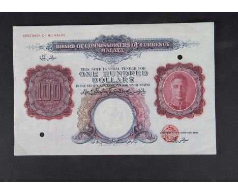 Specimen Bank Note:  Board of Commissioners of Currency, Malaya specimen 100 Dollars, circa 1942, no signatures, no serial nu