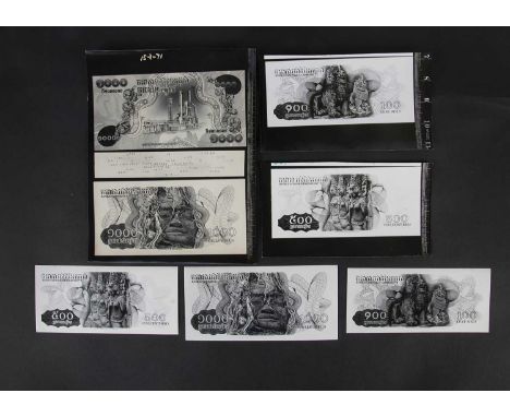 Cambodia, a collection of face and reverse photographs showing  Bradbury Wilkinson designs for various bank notes, including 