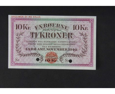 Specimen Bank Note:  Denmark specimen 10 Kroner, dated 1940, issued by Danmarks Nationalbanks, one signature, no serial numbe