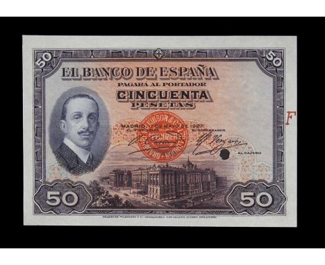 Specimen Bank Note:  Spain specimen 50 Pesetas, dated 1927, issued by El Banco De Espana, two signatures, no serial number, r