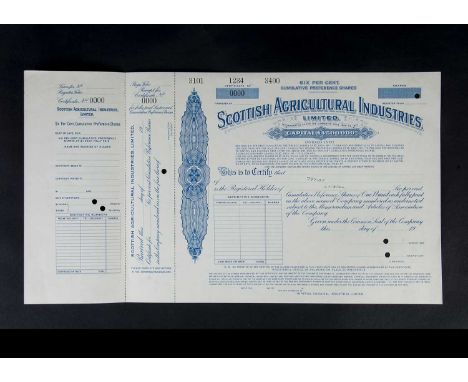 Scottish Agricultural Industries specimen stocks and shares certificate, produced by Bradbury Wilkinson & Co, in blue print a