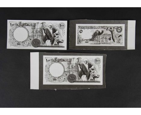 Libya, a collection of A4 colour print copies of design essays for the face and reverse of various banknotes, including 1/4 D