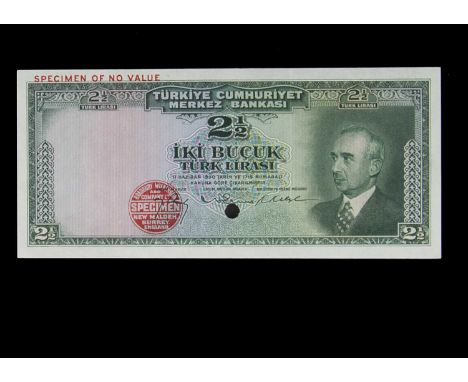 Specimen Bank Note:  Turkey specimen 2 1/2 Turk Lirasi, circa 1960, issued by Turkiye Cumhuriyet Merkez Bankasi, three signat