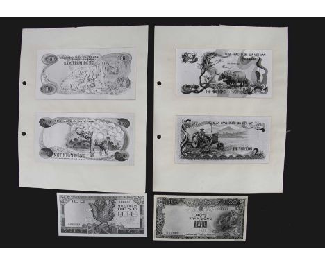 Vietnam, face and reverse photographs showing  Bradbury Wilkinson designs for various notes, including  a  2 Dong note, mount