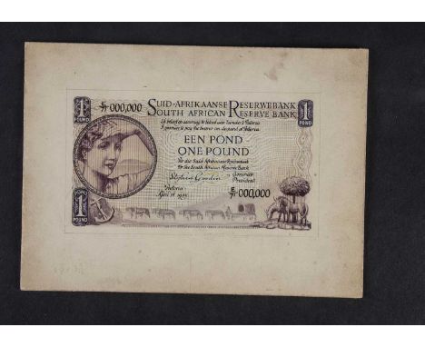 South African Reserve Bank, an original hand drawn design essay for the face of a 1 Pound note, dated 1945, produced by Bradb