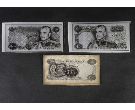 Iran, a collection of face and reverse photographs showing  Bradbury Wilkinson designs for a 200 Rials note, roughly trimmed 