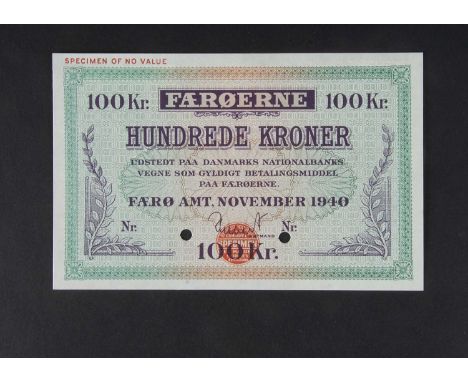 Specimen Bank Note:  Denmark specimen 100 Kroner, dated 1940, issued by Danmarks Nationalbanks, one signature, no serial numb