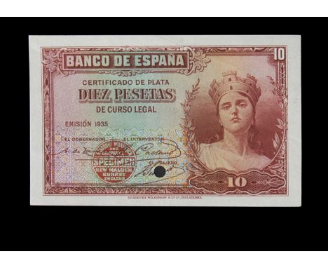 Specimen Bank Note:  Spain specimen 10 Pesetas, dated 1935, issued by Banco De Espana, three signatures, no serial number, re