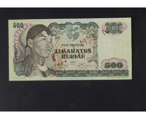 Specimen Bank Note:  Indonesia specimen 500 Rupiah, dated 1968, two signatures, serial number XAN 030202 to back, red SPECIME