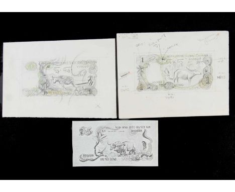 Vietnam, a pair of early stage hand drawn sketches for the face design of a 1 Dong note, most likely produced for Bradbury Wi