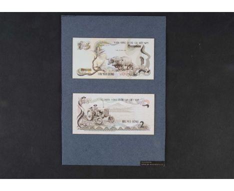 Vietnam, a pair of original  hand drawn design essays for the face and reverse of a 2 Dong note, produced by Bradbury Wilkins