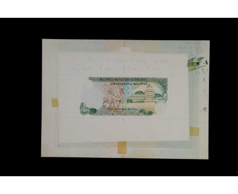 Maldives Monetary Authority, an original but incomplete hand drawn design essay for the reverse of a 100 Rufiya note, the art