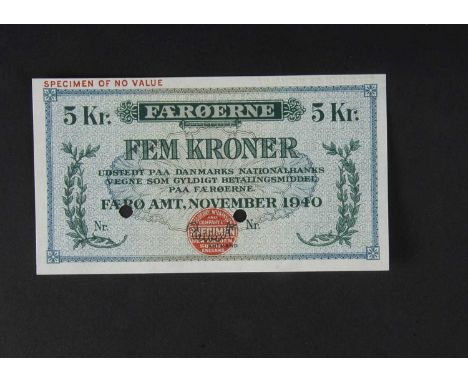 Specimen Bank Note:  Denmark specimen 5 Kroner, dated 1940, issued by Danmarks Nationalbanks, one signature, no serial number