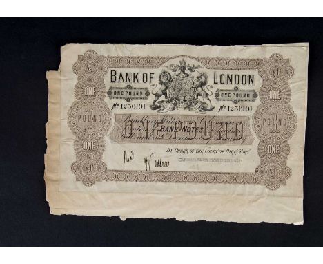Bank of London One Pound promotional note,  circa 1870, produced by Bradley Wilkinson & Co Ltd, measuring 12.8cms x 21.0cms, 