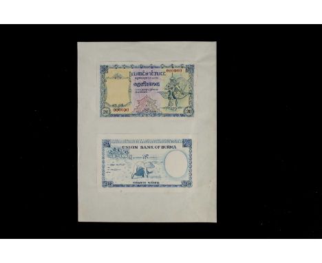 Union Bank of Burma, two original hand drawn design essays for the face and reverse of a 20 Kyats note, the art work possibly