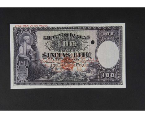 Specimen Bank Note:  Lithuania specimen 100 Litu, dated 1928, issued by Lietuvos Bankas, five signatures, no serial number, r
