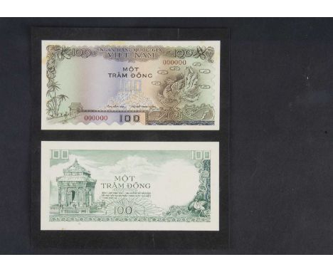 Vietnam, a pair of original hand drawn design essays for the face and reverse of a 100 Dong note, produced by Bradbury Wilkin