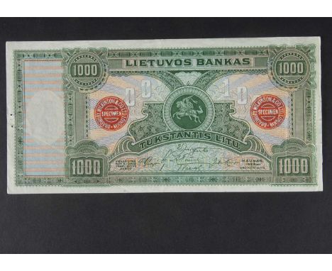 Specimen Bank Note:  Lithuania specimen 1000 Litu, dated 1924, issued by Lietuvos Bankas, five signatures, no serial number, 