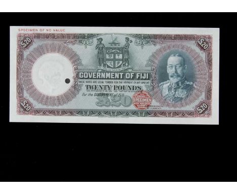 Specimen Bank Note:  Fiji specimen 20 Pounds, circa 1934, no signatures or serial number, red Bradbury Wilkinson SPECIMEN ove