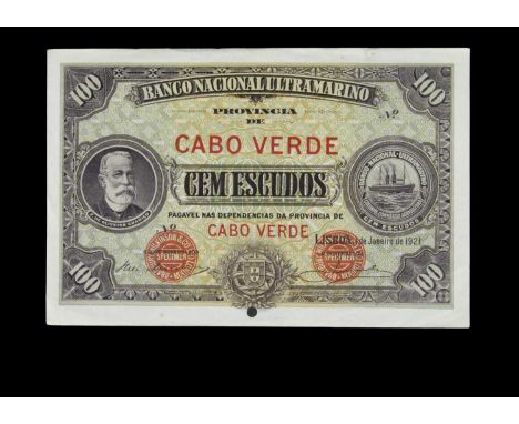Specimen Bank Note:  National Bank Ultramarino specimen 100 Escudos, dated 1921, issued by Banco Nacional Ultramarino, two si