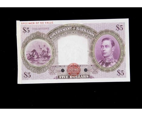 Specimen Bank Note:  Barbados specimen 5 Dollars, circa 1939, no signature, no serial numbers,  red Bradbury Wilkinson SPECIM